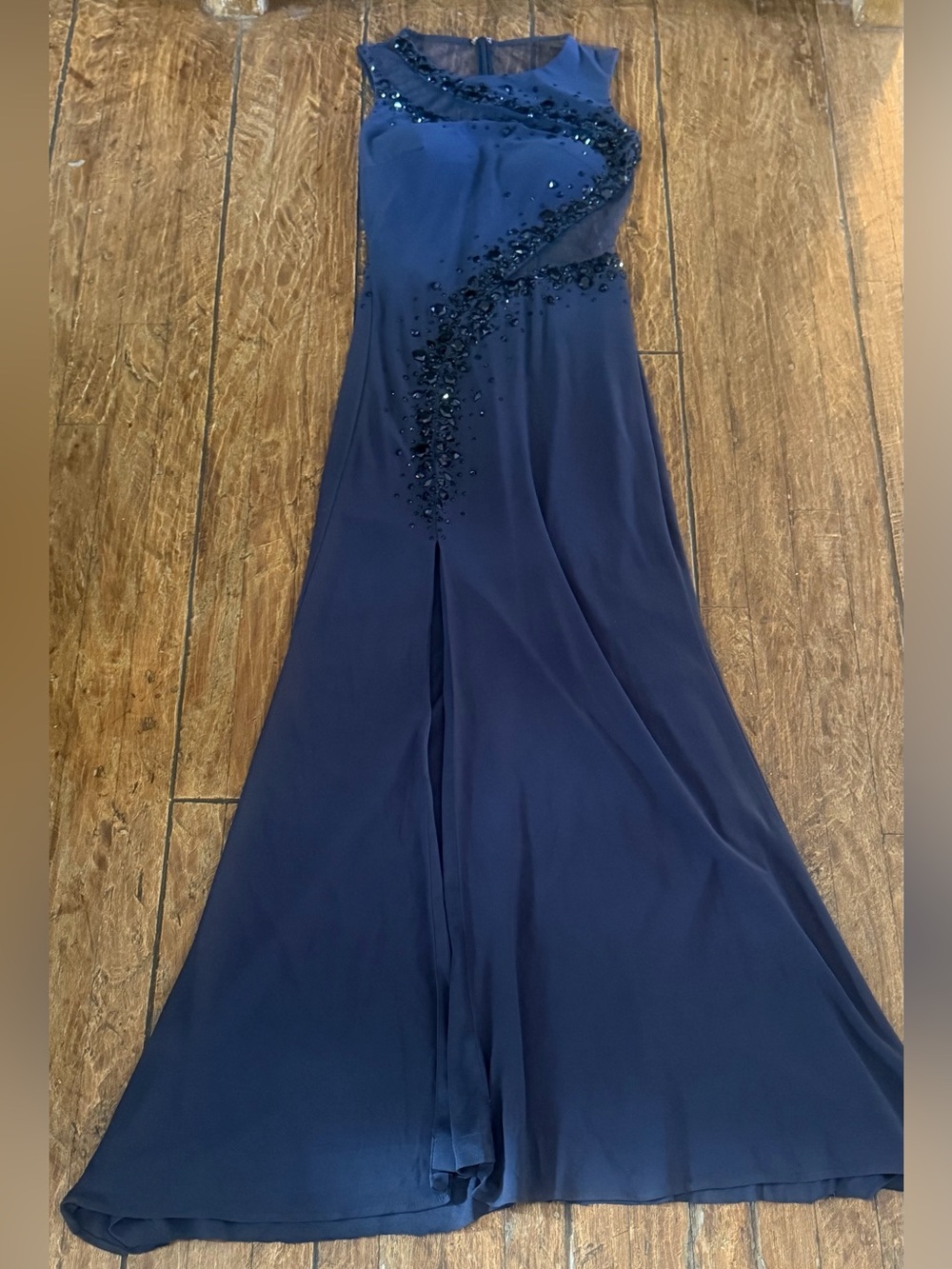 Madison James Bluish Gray Beaded Sleeveless Evening Gown Sz 2